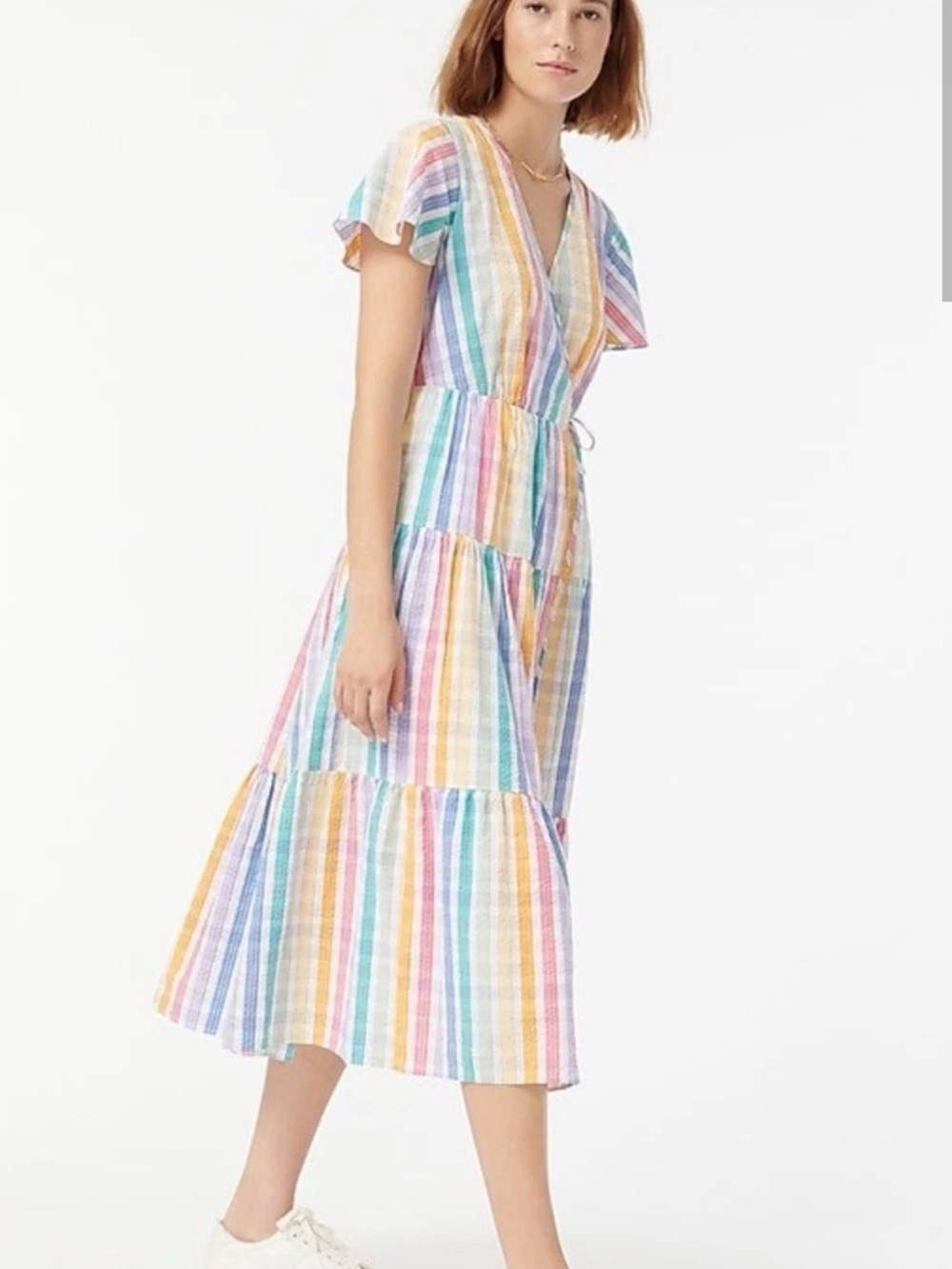 J. Crew Rainbow Gingham Faux Wrap Tiered Dress Size 14 Teacher Colorful Cotton